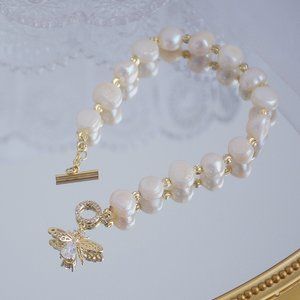 NEW 14K Gold Plated Bee Pearl Toggle Bracelet